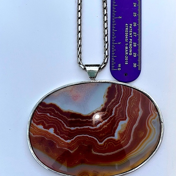 AGATE GEODE SLICE NECKLACE or SUN CATCHER STERLING SILVER CHAIN 4 3/4” x 4 1/2” - Picture 6 of 11